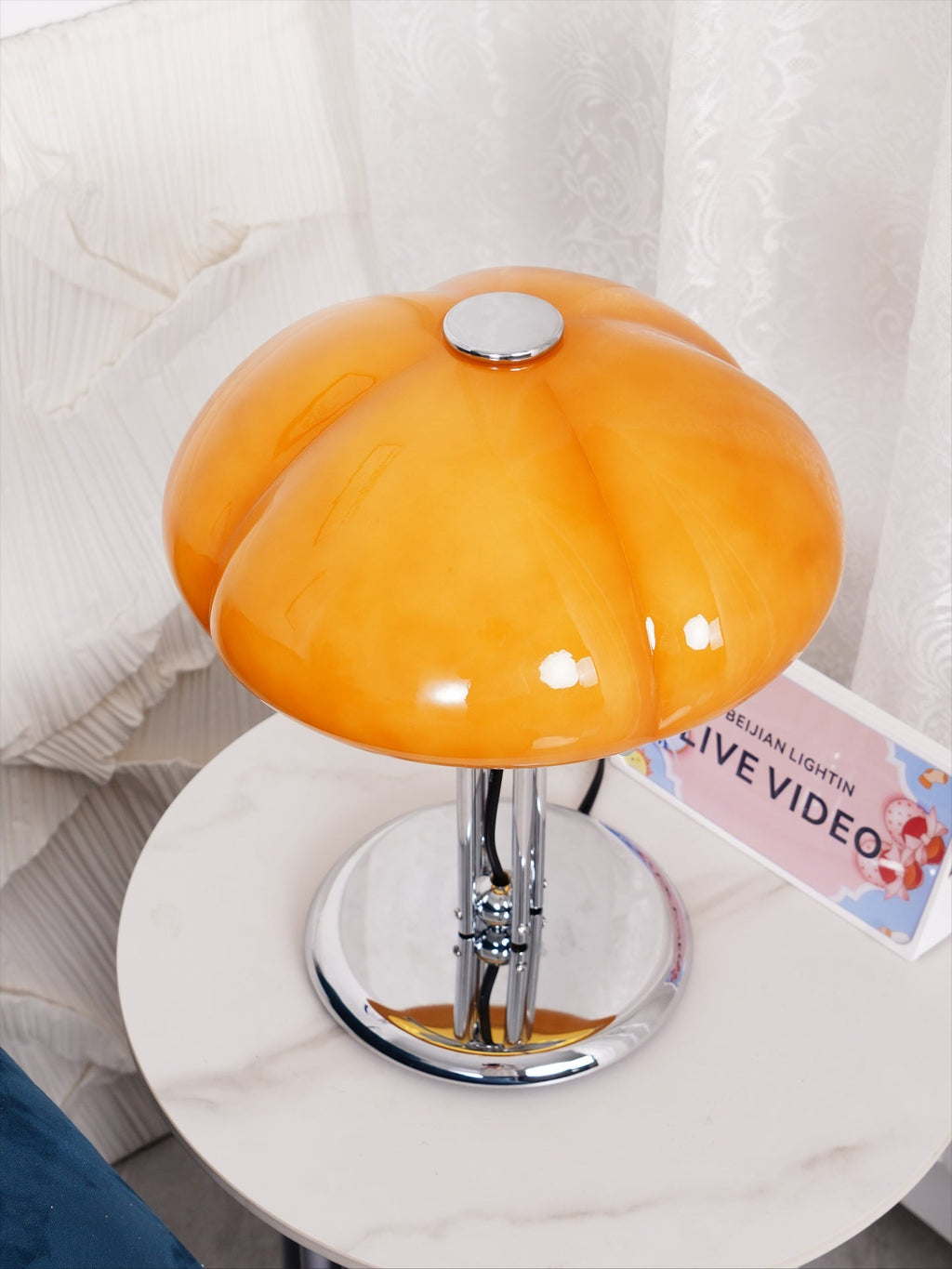 Quadrifoglio Designer Orange Glass Table Lamp with Chrome Base, Mid-Century Modern Accent Light