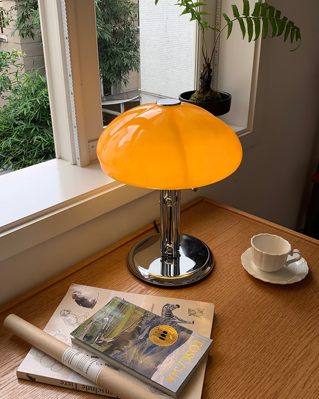 Quadrifoglio Designer Orange Glass Table Lamp with Chrome Base, Mid-Century Modern Accent Light