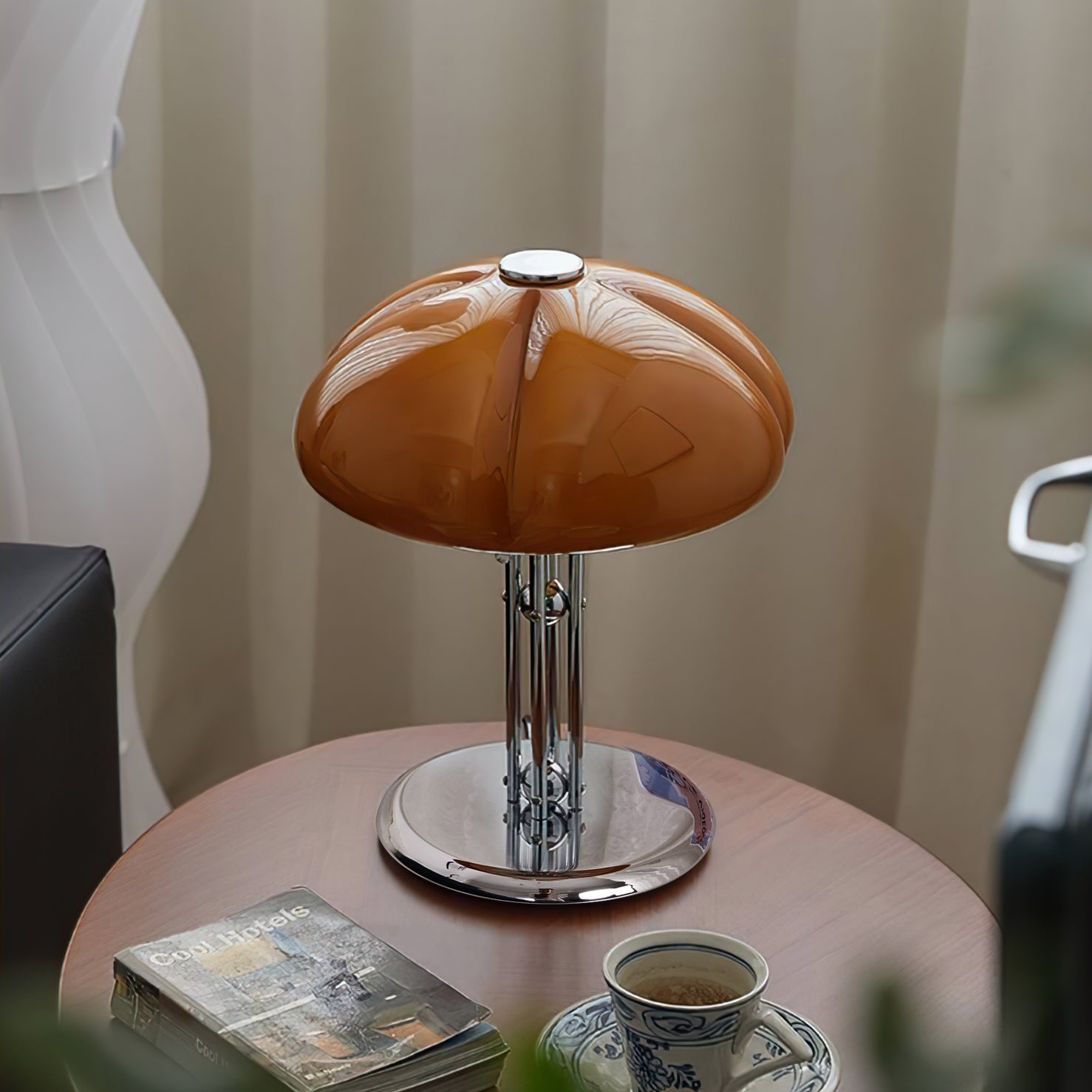 Quadrifoglio Designer Orange Glass Table Lamp with Chrome Base, Mid-Century Modern Accent Light